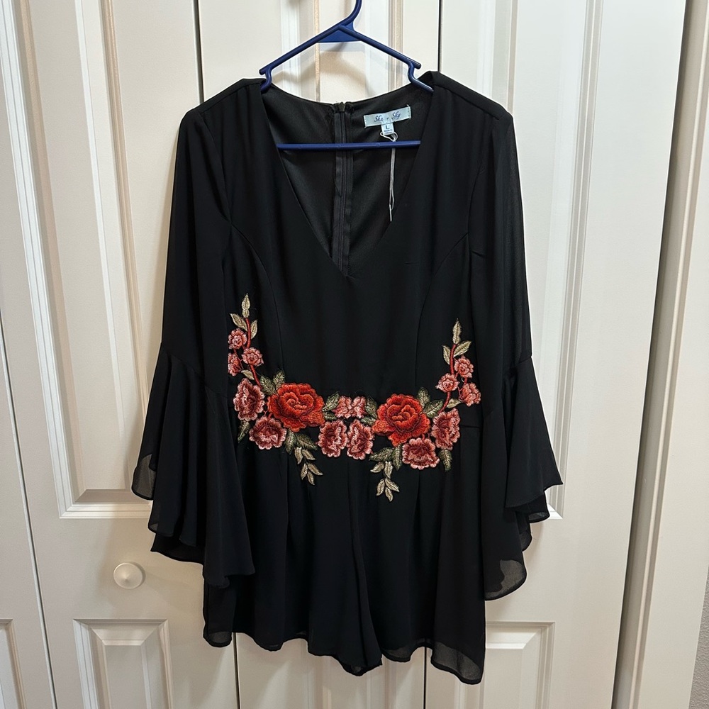 Black and Red Embellished Jumpsuit Bell Sleeve